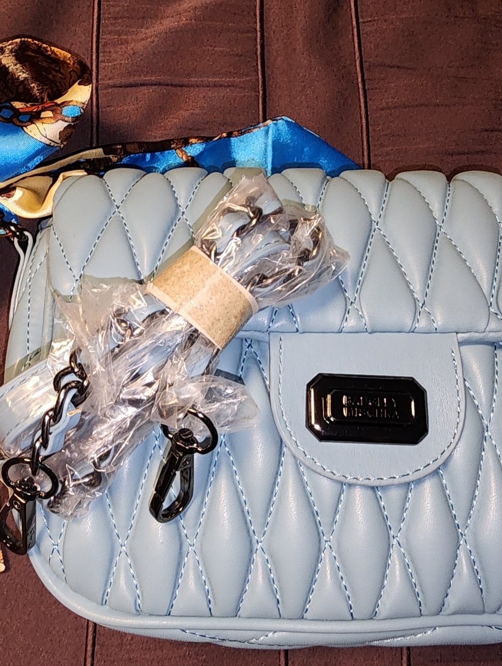 NWT $81 Badgley Mischka Vegan Leather Quilted Crossbody Bag in Light Blue